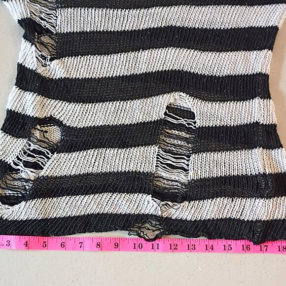 Distressed Striped Sweater Grunge Punk Knit Top Shredded Black White (Fits M) - Picture 7 of 13